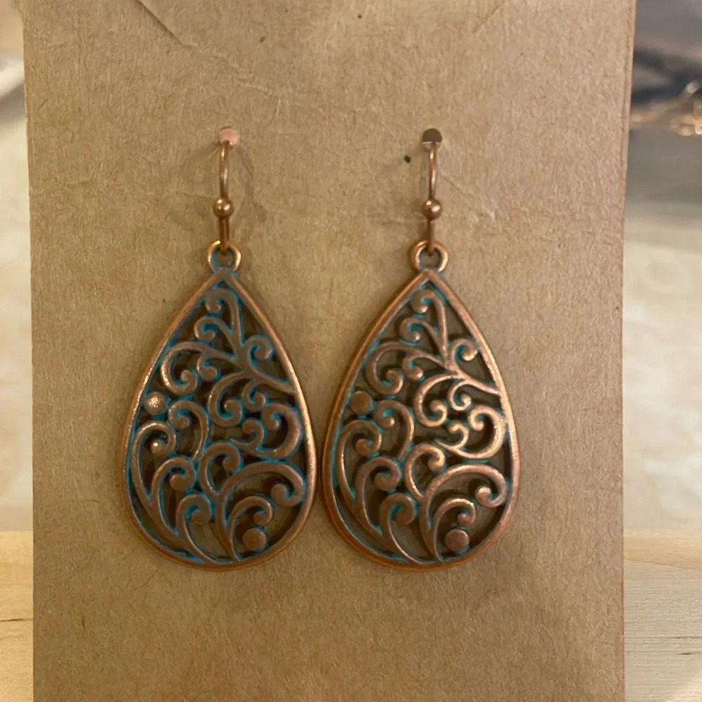 Retro Ethnic Style Drop Earrings - Bronze with Distressed Green Finish, …